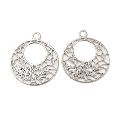 Platinum Long-Lasting Plated Brass Filigree Charms, Flat Round with Flower Charm, Platinum, 14x12x0.3mm, Hole: 1.2mm