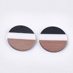 White Tri-color Resin & Walnut Wood Pendants, Flat Round, White, 28x3.5mm, Hole: 2mm