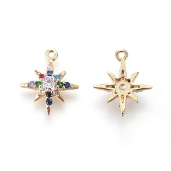 Golden Brass Cubic Zirconia Charms, Twinkle Star, Colorful, Golden, 14x12x3.5mm, Hole: 1mm