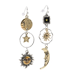 Античный Серебрянный & Античный Золотой Асимметричные серьги из сплава Moon & Sun & Star, длинные висячие серьги с кисточками для женщин, старинное серебро и античный золотой, 72 мм, штифты : 0.7 мм