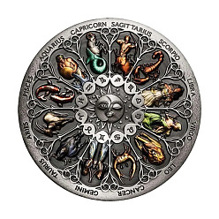 Antique Silver Alloy Commemorative Coins, Lucky Coins, with Protection Case, Flat Round with 12 Constellations, Antique Silver, 40x3mm