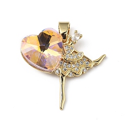 Lilac Real 18K Gold Plated Rack Plating Brass Micro Pave Clear Cubic Zirconia Pendants, with Glass, Long-Lasting Plated, Cadmium Free & Lead Free, Dancer with Heart Charm, Lilac, 23x24.5x8.2mm, Hole: 5x3.2mm