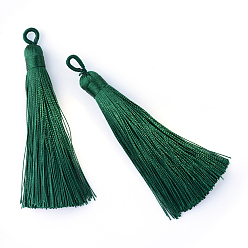 Темно-Зеленый Полиэстер кисточка большие подвески украшения, темно-зеленый, 80~90x8.5~9 мм, отверстие : 4x6 мм