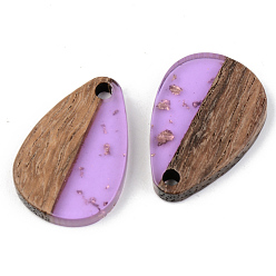 Lilac Transparent Resin & Walnut Wood Pendants, with Gold Gold Foil, Teardrop, Lilac, 21.5x14.5x3mm, Hole: 2mm