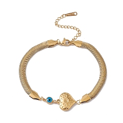 Heart Enamel Evil Eye Link Bracelet with Flat Snake Chains, 304 Stainless Steel Jewelry for Women, Golden, Heart Pattern, Heart: 19x15x4mm, 7-5/8 inch(19.5cm)