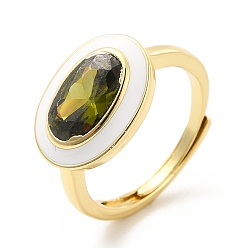 White Rack Plating Brass Micro Pave Olive Drab Cubic Zirconia Oval Adjustable Rings, with Enamel, Cadmium Free & Lead Free, Long-Lasting Plated, Real 18K Gold Plated, White, US Size 7 3/4, 1.5~2.5mm, Inner Diameter: 17.9mm