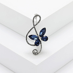 Capri Blue Alloy Rhinestone Safety Pin Brooch, Musical Note with Butterfly, Capri Blue, 44x23mm