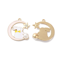 Lavender Blush Alloy Enamel Pendants, with ABS Imitation Imitation Pearls and Rhinestone, Golden, Moon with Rabbit, Pink, 33.5x30.5x9mm, Hole: 2.5mm