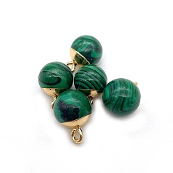 Malachite Natural Malachite Round Charms with Golden Plated Metal Findings, 15x10mm