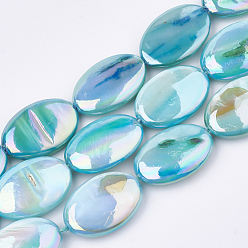 Sky Blue AB Color Freshwater Shell Beads Strands, Dyed, Oval, Sky Blue, 17~18x12.5x4~5mm, Hole: 1mm, about 22pcs/strand, 15.7 inch