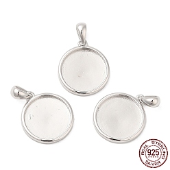 Platinum Rhodium Plated 925 Sterling Silver Pendant Cabochon Settings, with 925 Stamp, Flat Round, Platinum, Tray: 13mm, 17x15x2mm, Hole: 5x3.5mm