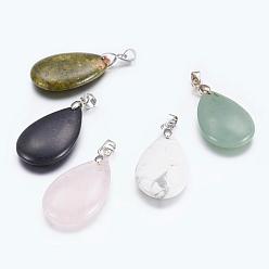 Mixed Stone Mixed Gemstone Pendants, with Brass Clasps, teardrop, Mixed Color, 30~35x16~22x5~9mm, Hole: 5x4mm