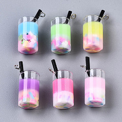 Mixed Color Epoxy Resin and Polymer Clay Pendant, and Glass Bottle Decorations, Imitation Fruit Juice Charms, Platinum Tone Iron Eye Pin, Mixed Color, 25~27x11mm, Hole: 1.8mm