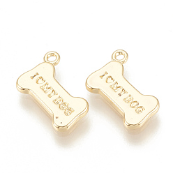 Real 18K Gold Plated Brass Charms, Bone with Word I Love My Dog, Nickel Free, Real 18K Gold Plated, 12x8.5x1.5mm, Hole: 0.5mm