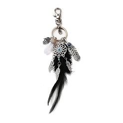Noir Porte-clés pendentif en alliage et verre, avec l'anneau de la clé de fer, gland de plumes, filet/toile tissé avec plume et balle et main hamsa, noir, 10 cm