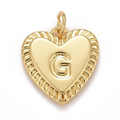 Letter G Rack Plating Real 18K Gold Plated Brass Pendants, with Jump Rings, Long-Lasting Plated, Lead Free & Cadmium Free & Nickel Free, Heart with Letter A~Z, Letter.G, 16x15x2.5mm, Jump Ring: 5x0.5mm, 3mm Inner Diameter
