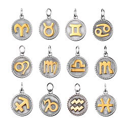 Golden & Stainless Steel Color 316 Surgical Stainless Steel Pendants, Flat Round with Horoscope/Twelve Constellation/Zodiac Sign, Golden & Stainless Steel Color, 26x18x3mm, Hole: 5mm, 12pcs/set