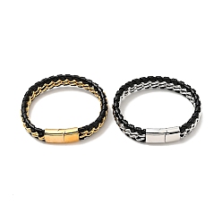 Mixed Color Leather & 304 Stainless Steel Braided Curb Chains Cord Bracelet with Magnetic Clasp for Men Women, Mixed Color, 8-3/4 inch(22.3cm)