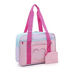 Pink Nylon Shoulder Bags, Rectangle Women Handbags, with Zipper Lock & Heart Clear PVC Windows, Pink, 36x26x13cm
