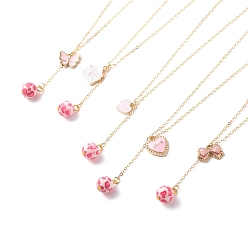 Pink Amuleto de aleación de esmalte y collar de lazo de cuentas de resina, tema de san valentín 304 joyería de acero inoxidable para mujer, rosa, 15.98~16.02 pulgada (40.6~40.7 cm)