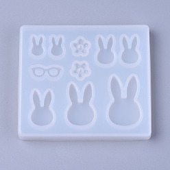 White Bunny Theme Silicone Molds, Resin Casting Molds, For UV Resin, Epoxy Resin Jewelry Making, Rabbit Head & FLower & Glasses, White, 77x88x12mm, Inner Diameter: 7~33x8~25mm