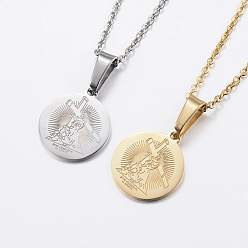 Mixed Color 304 Stainless Steel Pendant Necklaces, Flat Round with Jesus and Cross, Mixed Color, 17.7 inch(45cm), 1.5mm