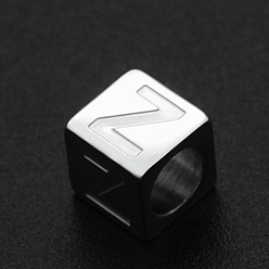 Letter Z 201 Stainless Steel European Beads, Large Hole Beads, Horizontal Hole, Cube, Stainless Steel Color, Letter.Z, 7x7x7mm, Hole: 5mm