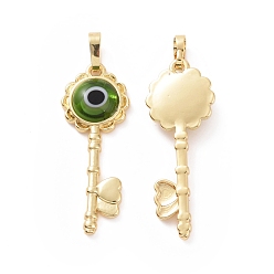 Lime Green Handmade Evil Eye Lampwork Pendants, with Real 18K Gold Plated Tone Brass Findings, Key Charm, Lime Green, 33x12x4mm, Hole: 4x6mm