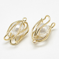 Chapado en Oro Real 18K Colgantes de perlas de imitación de plástico abs, con fornituras de latón, flor, blanco cremoso, real 18 k chapado en oro, 22x12x12 mm, agujero: 1.5 mm