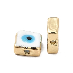 White Brass Enamel Beads, Long-Lasting Plated, Real 18K Gold Plated, Square with Evil Eye Pattern, White, 10~11x10~11x4.5~5.5mm, Hole: 1.6~1.8mm