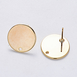 Real 18K Gold Plated Brass Stud Earring Findings, with Flat Plate, with Stainless Steel Pins, Nickel Free, Flat Round, Real 18K Gold Plated, 15mm, Hole: 1.2mm, Pin: 0.8mm