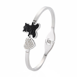 Stainless Steel Color Rhinestone Bear & Heart Bangle, Stainless Steel Hinged Bangle with Polymer Clay for Women, Stainless Steel Color, Inner Diameter: 1-7/8x2-1/4 inch(4.8x5.8cm)