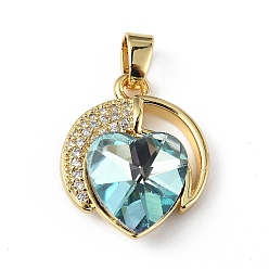 Cyan Real 18K Gold Plated Rack Plating Brass Micro Pave Clear Cubic Zirconia Pendants, with Glass, Long-Lasting Plated, Cadmium Free & Lead Free, Heart Charm, Cyan, 21x17.5x8mm, Hole: 5x3mm