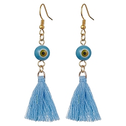 Deep Sky Blue Evil Eye Lampwork & Tassel Earrings, Golden Iron Long Dangle Earrings, Deep Sky Blue, 70~72x17~22mm