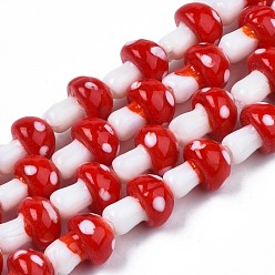 Red Mushroom Handmade Lampwork Beads Strands, Red, 12.5~14x10~11mm, Hole: 1.2~1.5mm, about 24~25pcs/strand, 12.20 inch~12.99 inch(31cm~33cm)
