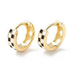 Black Tartan Pattern Enamel Chunky Hinged Huggie Hoop Earrings for Women, Real 18K Gold Plated Brass Jewelry, Cadmium Free & Nickel Free & Lead Free, Black, 13x4mm, Pin: 1mm