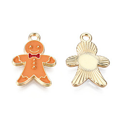 Dark Orange Alloy Enamel Pendants, for Christmas, Light Gold, Gingerbread Man, Dark Orange, 20.5x14x2mm, Hole: 2mm