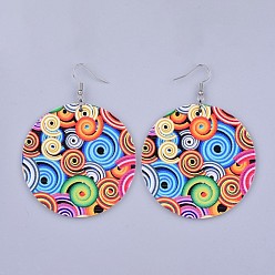 Colorful Printed Wooden Dangle Earring, with 304 Stainless Steel Earring Hooks, Flat Round, Colorful, 79mm, Pin: 0.7mm
