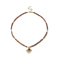 Tiger Eye Natural Tiger Eye Beaded Necklaces, 304 Stainless Steel Fan Pendant Necklaces with Lobster Claw Clasp & Chain Extender for Women, 16-3/4 inch(42.5cm)