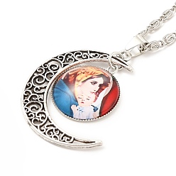 Red Glass Religion Fairy with Crescent Moon Pendant Necklace, Antique Silver Alloy Jewelry for Women, Red, 18.31 inch(46.5cm)