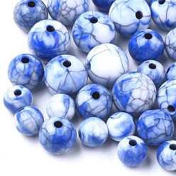 Blue Crackle Acrylic Beads, Imitation Gemstone Beads, Round, Blue, 9~9.5mm, Hole: 2mm, about 950pcs/500g
