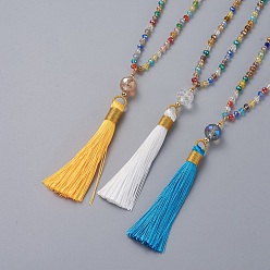 Couleur Mélangete Colliers de pendentif à pompon en polyester, avec des perles de verre boulier à facettes galvanisées et des perles de rocaille en verre, couleur mixte, 31.5 pouce (80 cm)