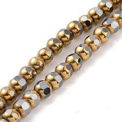 Golden Plated Electroplated Non-magnetic Synthetic Hematite Beads Strands, Faceted, Round, Golden Plated, 6~6.5x5~5.5mm, Hole: 1.4mm, about 73pcs/strand, 15.59~15.75 inch(39.6~40cm)
