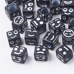 Noir Élaborer perles acryliques, cube avec expression mixte, noir, 6x6x6mm, trou: 3.5 mm, environ 3000 pcs / 500 g