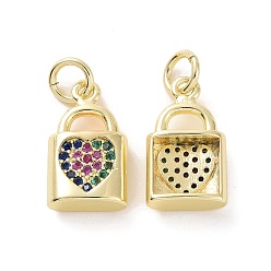 Real 18K Gold Plated Brass Micro Pave Colorful Cubic Zirconia Charms, with Jump Ring, Lock with Heart, Real 18K Gold Plated, 14x8.5x4mm, Hole: 3.2mm