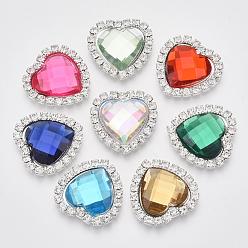 Mixed Color Shining Flat Back Faceted Heart Acrylic Rhinestone Cabochons, with Grade A Crystal Rhinestones and Brass Cabochon Settings, Mixed Color, 22x22x5mm