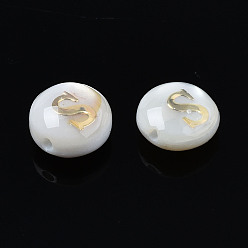 Letter S Natural Freshwater Shell Beads, with Golden Plated Brass Etched Metal Embellishments, Flat Round with Letter, Seashell Color, Letter.S, 6x4mm, Hole: 0.8mm