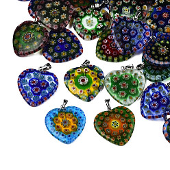 Mixed Color Handmade Millefiori Glass Pendants, with Platinum Plated Iron Findings, Heart, Mixed Color, 27x24x3mm, Hole: 5x2mm