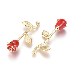Red Alloy Pendants, with Enamel, Big Rose Flower, Golden, Red, 38x17x9mm, Hole: 1.2mm