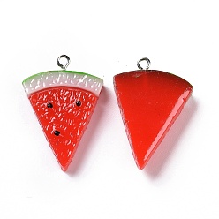 Red Opaque Resin Fruit Pendants, Triangle Watermelon Charm with Platinum Tone Iron Loops, Red, 32.5x23x6mm, Hole: 1.8mm